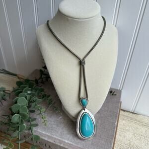 Vintage Faux Turquoise Silver Tone Tied Necklace with large Pendant
